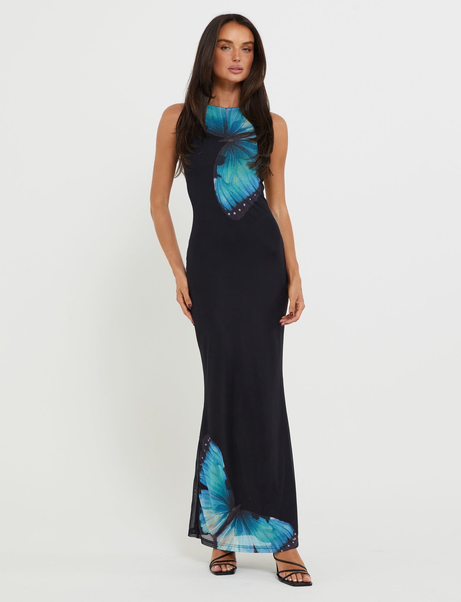 black dress with blue butterflies Black Butterfly Dress M
