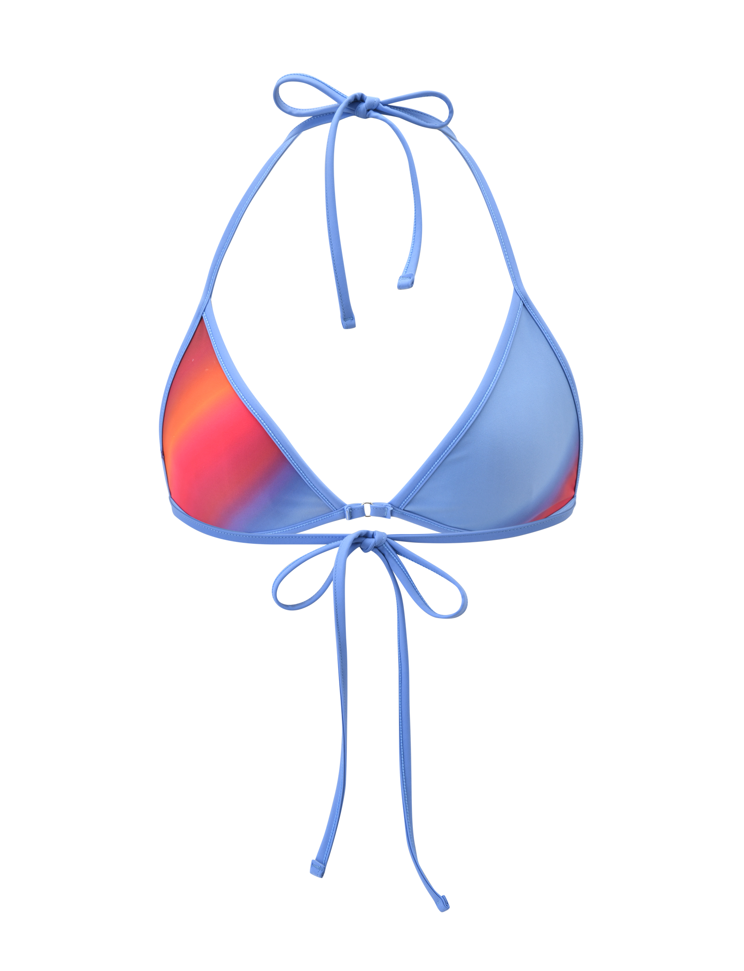 The DIANA BIKINI TOP - CIELO OMBRE by TIGERMIST features a classic halter style with back ties, showcasing the signature look: one cup in solid blue and the other in a striking red-orange ombre stripe.