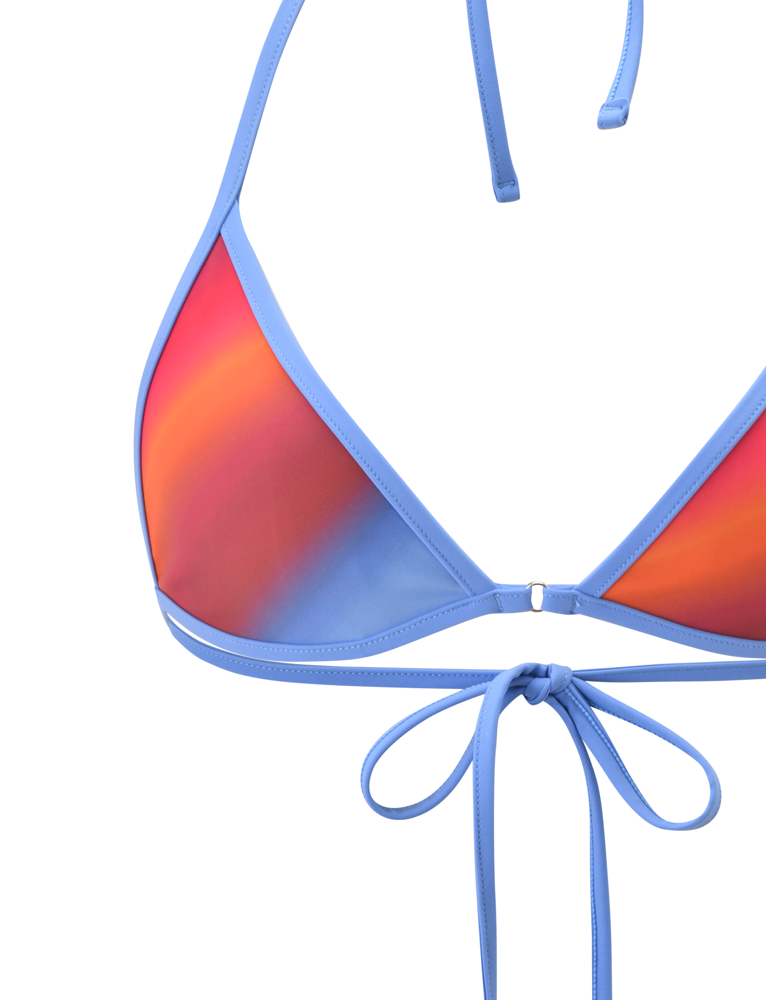 A close-up of the TIGERMIST DIANA BIKINI TOP - CIELO OMBRE, a halter style with blue straps and a vibrant orange, red, and purple ombre stripe pattern, tied with a bow at the bottom.