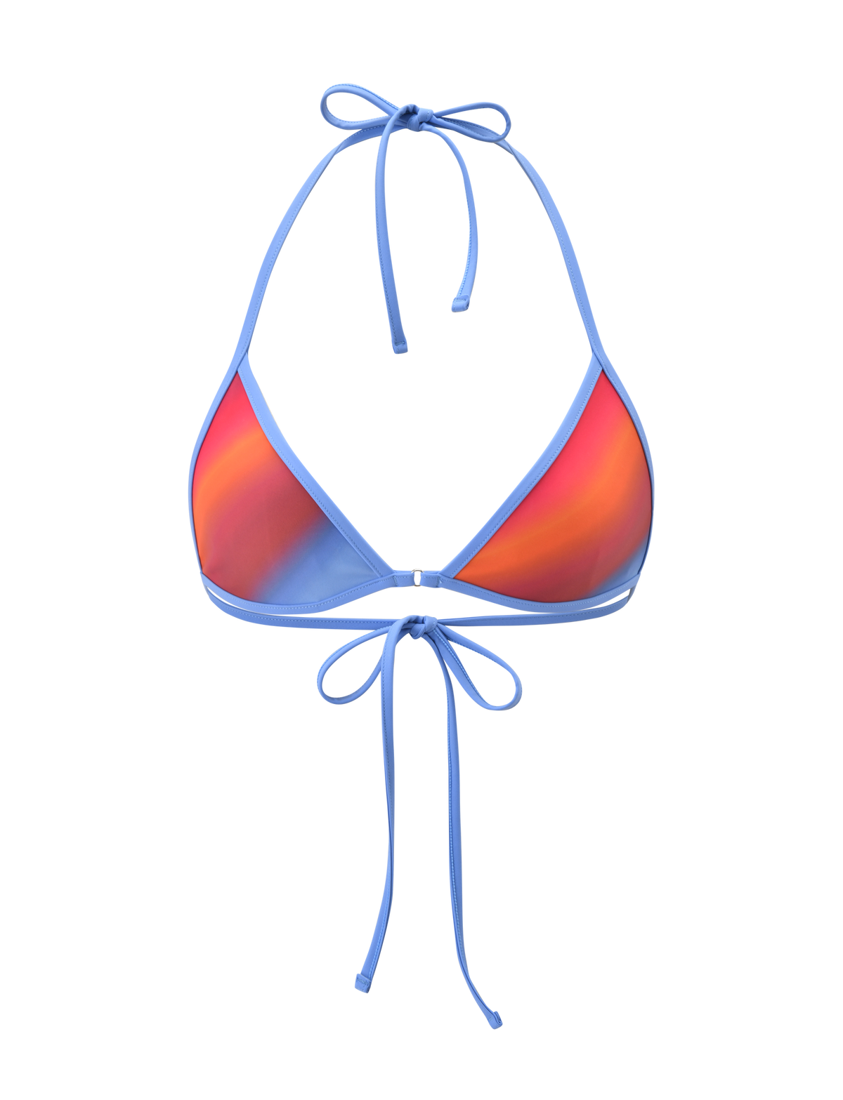 The TIGERMIST DIANA BIKINI TOP - CIELO OMBRE is a halter bikini top with light blue straps, a shiny ombre stripe design that fades from red-orange to blue, and adjustable neck and back ties.