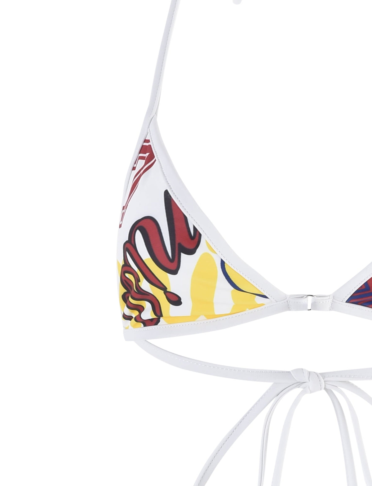 Introducing the DIANA BIKINI TOP - MULTI: COLLAGE: GRAPHIC PRINT from TIGERMIST. This white string bikini top showcases a vibrant abstract pattern with swirling shapes in red, black, yellow, and blue. The back straps are elegantly tied with a knot, and the fabric boasts a smooth, glossy finish.