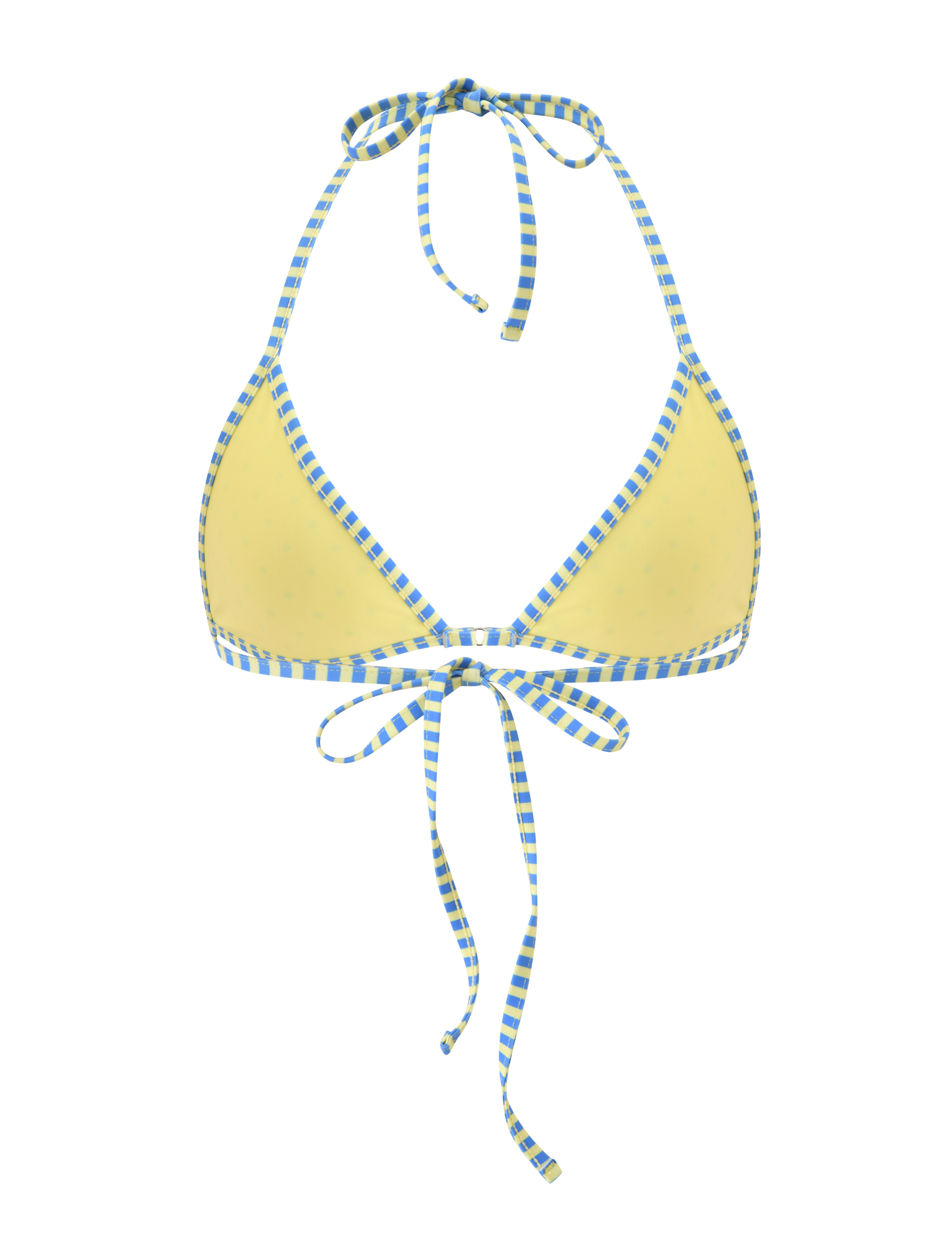 The DIANA BIKINI TOP - LEMON AND BLUEBERRY SPOT by TIGERMIST features a halter style with yellow and blue polka dots, blue and white checkered straps, a halter neck tie, and a back tie.