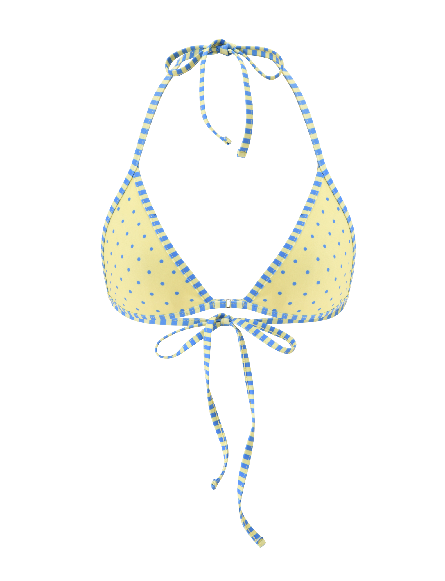 The TIGERMIST DIANA BIKINI TOP - LEMON AND BLUEBERRY SPOT features playful yellow and blue polka dots with a halter design and matching striped tie straps for a vibrant look.