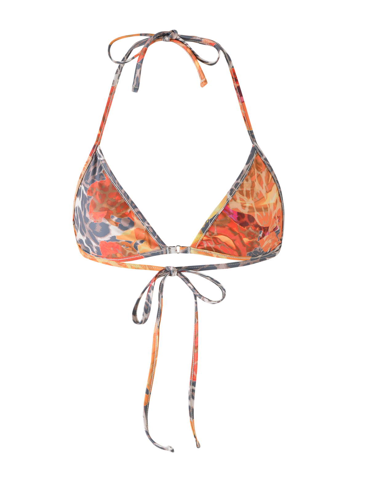 The TIGERMIST DIANA BIKINI TOP - MULTI: LEOPARD: ORANGE LEOPARD features a vibrant orange and gray leopard print in a tie-dye effect, triangle style with halter neck and back ties, displayed on a white background.