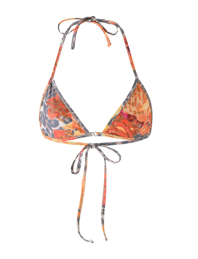 The TIGERMIST DIANA BIKINI TOP - MULTI: LEOPARD: ORANGE LEOPARD features a vibrant orange and gray leopard print in a tie-dye effect, triangle style with halter neck and back ties, displayed on a white background.