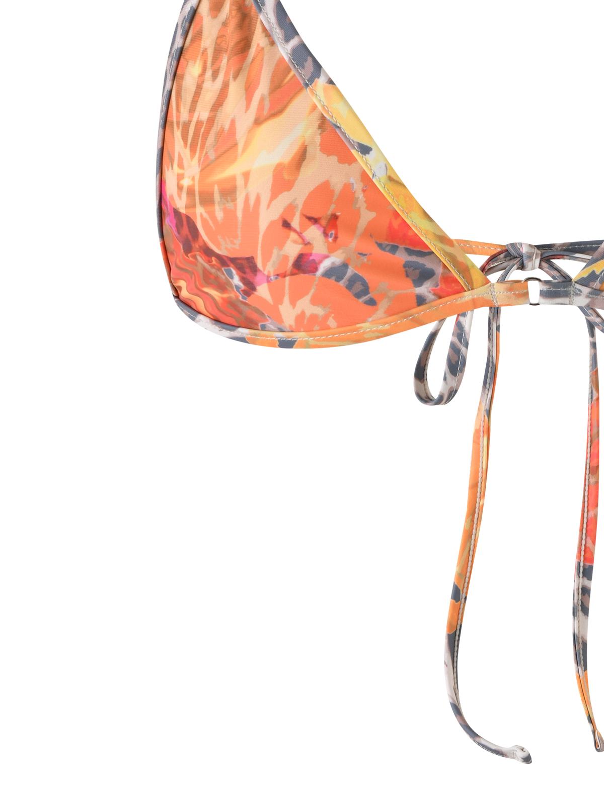 The DIANA BIKINI TOP - MULTI: LEOPARD: ORANGE LEOPARD by TIGERMIST features an orange leopard print, adjustable cups, and thin tie straps for a trendy yet classic look.