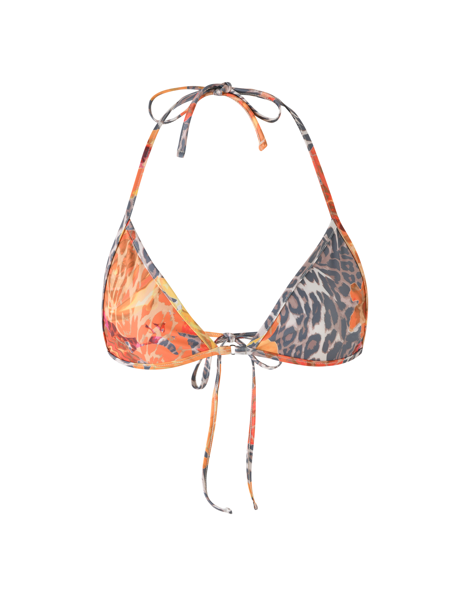 The TIGERMIST DIANA BIKINI TOP in orange leopard print features a multi-color triangle style with halter neck and back ties, shown on a white background.