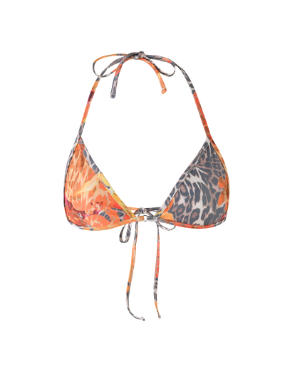 The TIGERMIST DIANA BIKINI TOP in orange leopard print features a multi-color triangle style with halter neck and back ties, shown on a white background.