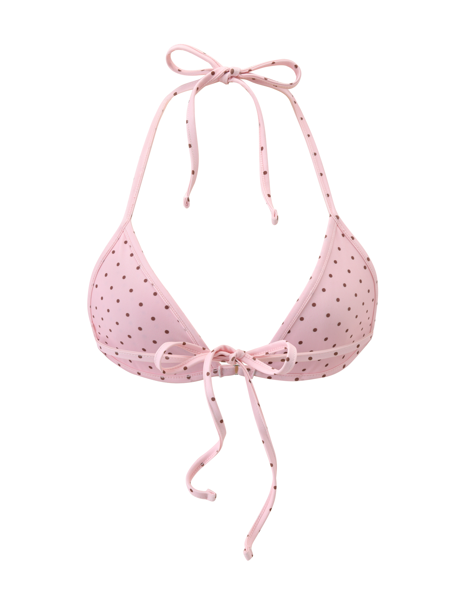The TIGERMIST DIANA BIKINI TOP - PINK POLKA DOT features a classic triangle silhouette with adjustable neck and front ties, styled in light pink with black polka dots, shown on a plain white background.