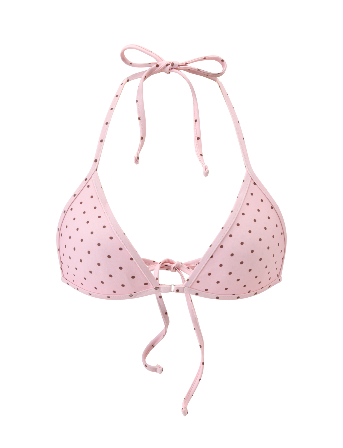 The DIANA BIKINI TOP - PINK POLKA DOT by TIGERMIST is a classic triangle bikini with light pink fabric, small black polka dots, and adjustable halter neck and back ties, shown on a plain white background.
