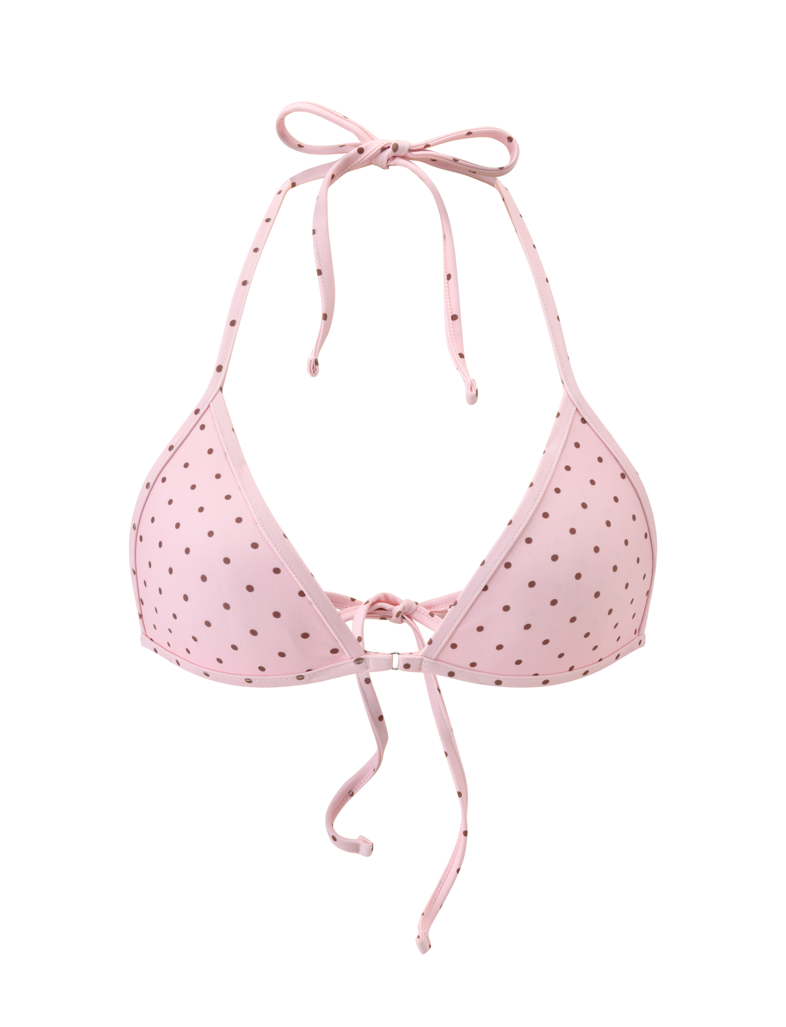 The DIANA BIKINI TOP - PINK POLKA DOT by TIGERMIST is a classic triangle bikini with light pink fabric, small black polka dots, and adjustable halter neck and back ties, shown on a plain white background.