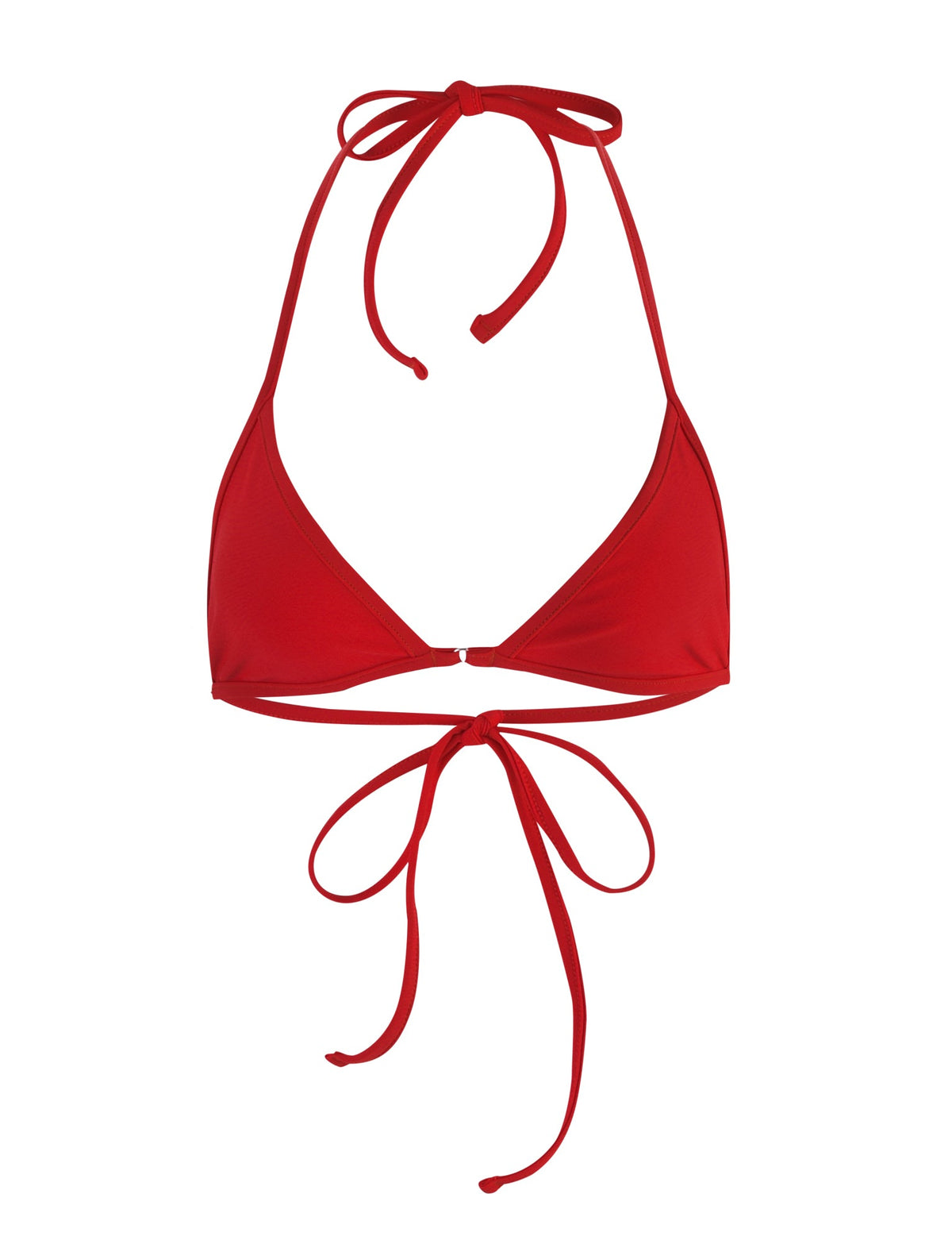 Image of the TIGERMIST DIANA BIKINI TOP - RED showcasing its triangle-shaped cups. The stylish top features thin halter neck ties and a string that ties around the back, both in the same vibrant red fabric.
