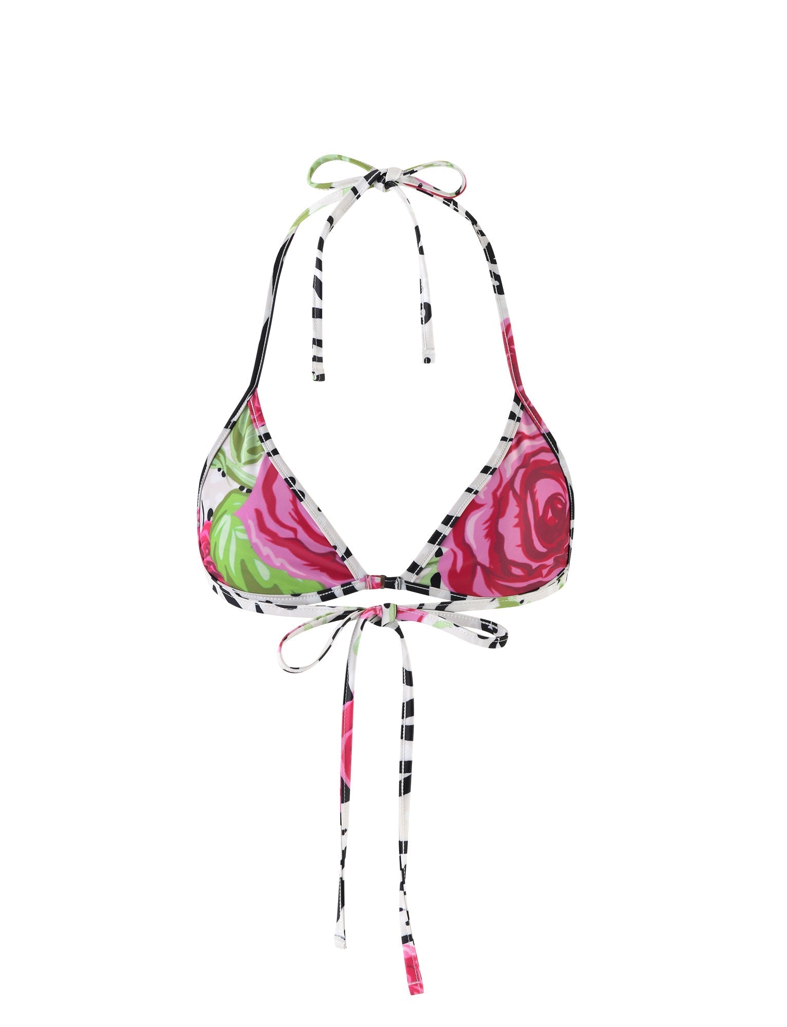 The TIGERMIST DIANA BIKINI TOP - MULTI : ZEBRA features a vibrant floral pattern with pink and green roses, complemented by a halter neck and tie closure. The white strings with black stripes add a contrasting design element.