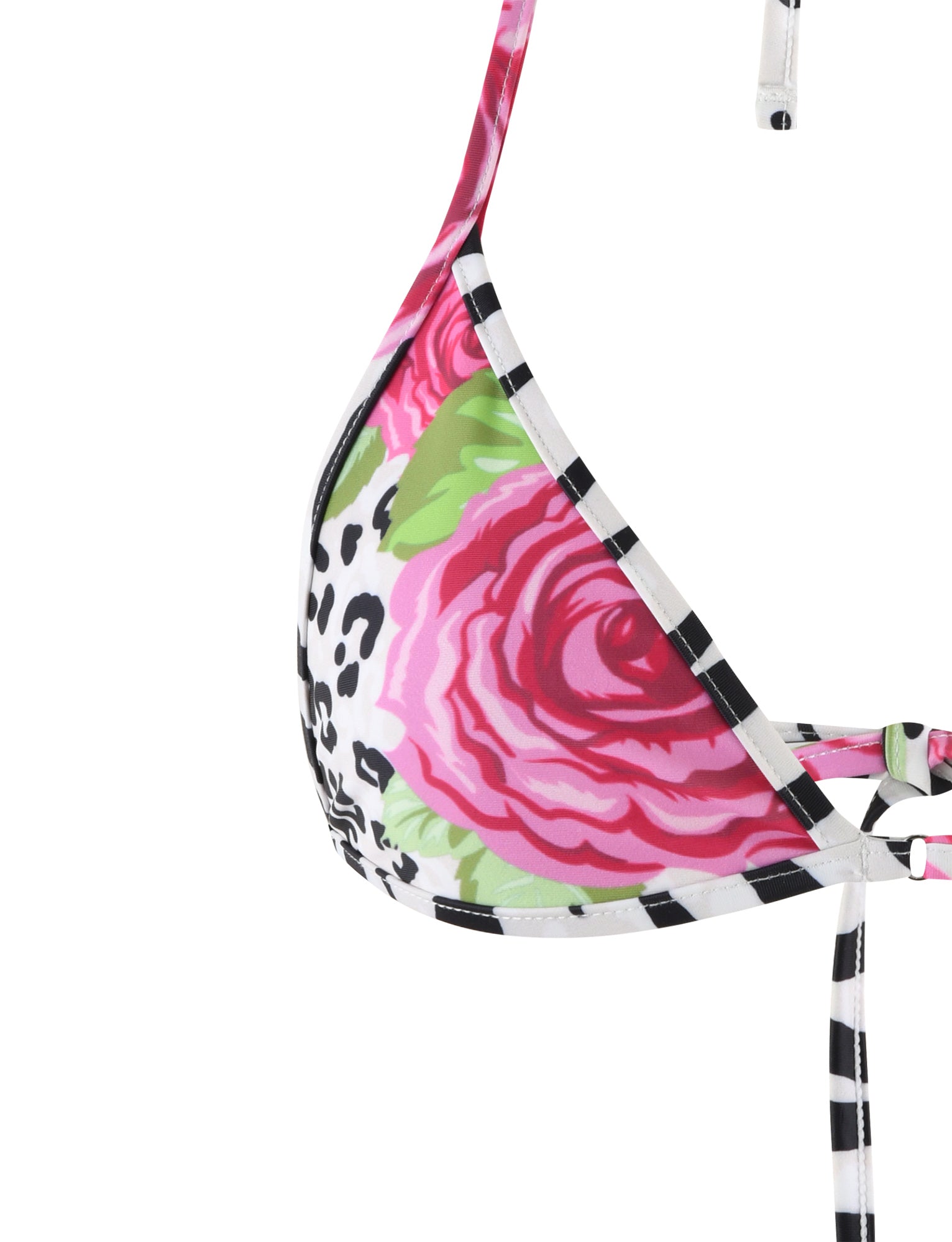 Close-up of the DIANA BIKINI TOP - MULTI : ZEBRA by TIGERMIST, featuring a vibrant pink rose pattern with green accents. It showcases black and white striped detailing along the edges and has an adjustable strap tied in the back, making for a striking floral design with decorative patterns.