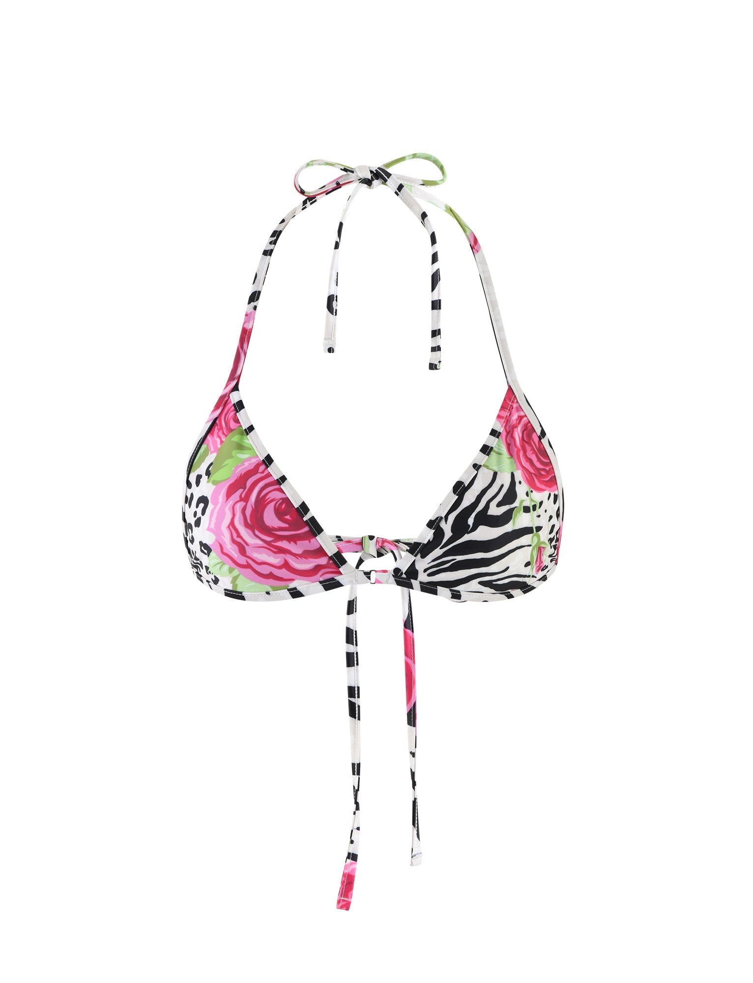 The DIANA BIKINI TOP - MULTI : ZEBRA by TIGERMIST features a mixed print design with pink roses, green leaves, zebra stripes, and leopard spots. This halter neck bikini top ties at the neck and back with adjustable strings.