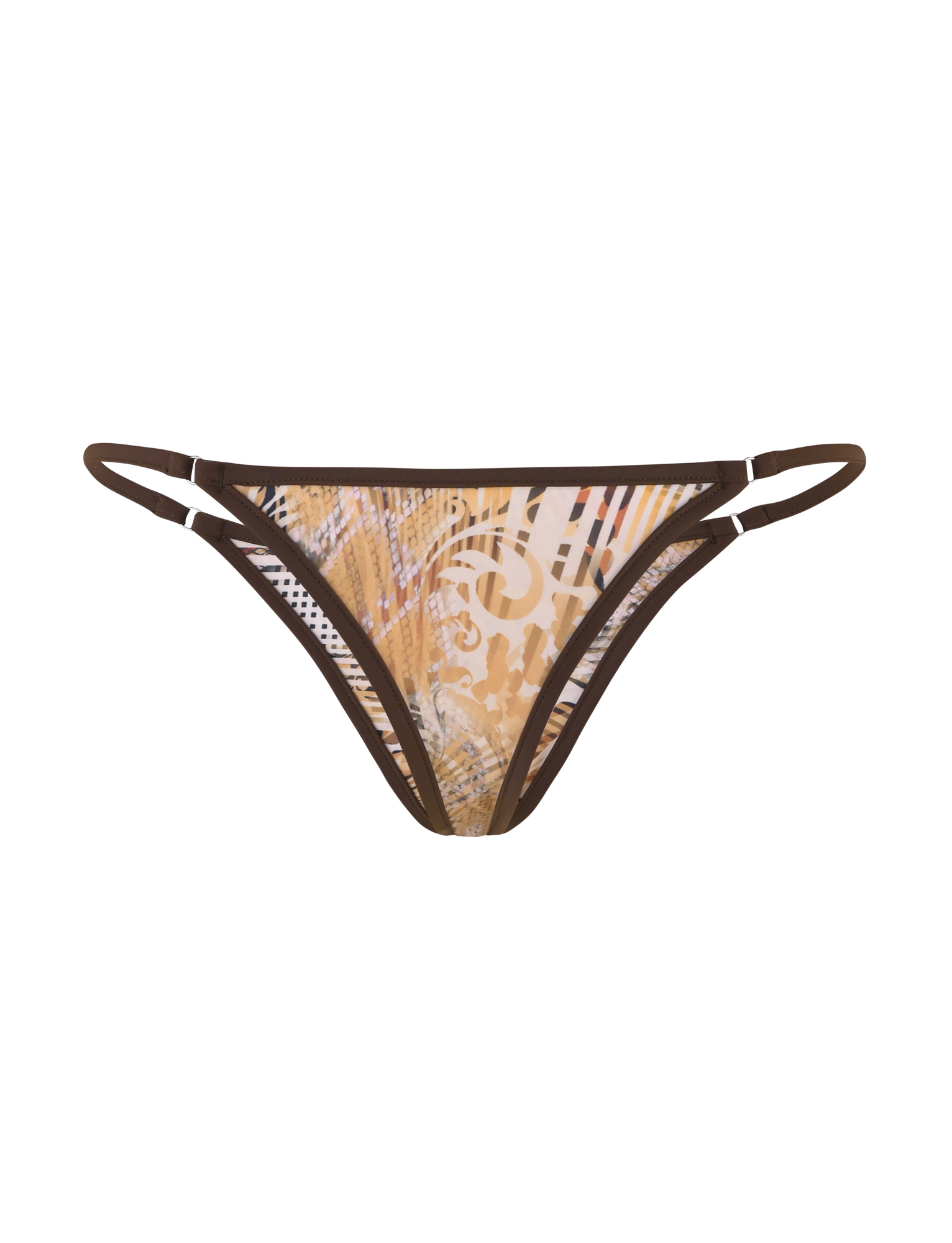 The DIANA BIKINI BOTTOM - NEUTRAL : ANIMAL : ANIMAL MARBLE by TIGERMIST features a multicolored abstract pattern in beige and brown tones, double thin side straps, and dark brown edging for a chic, bodycon fit.