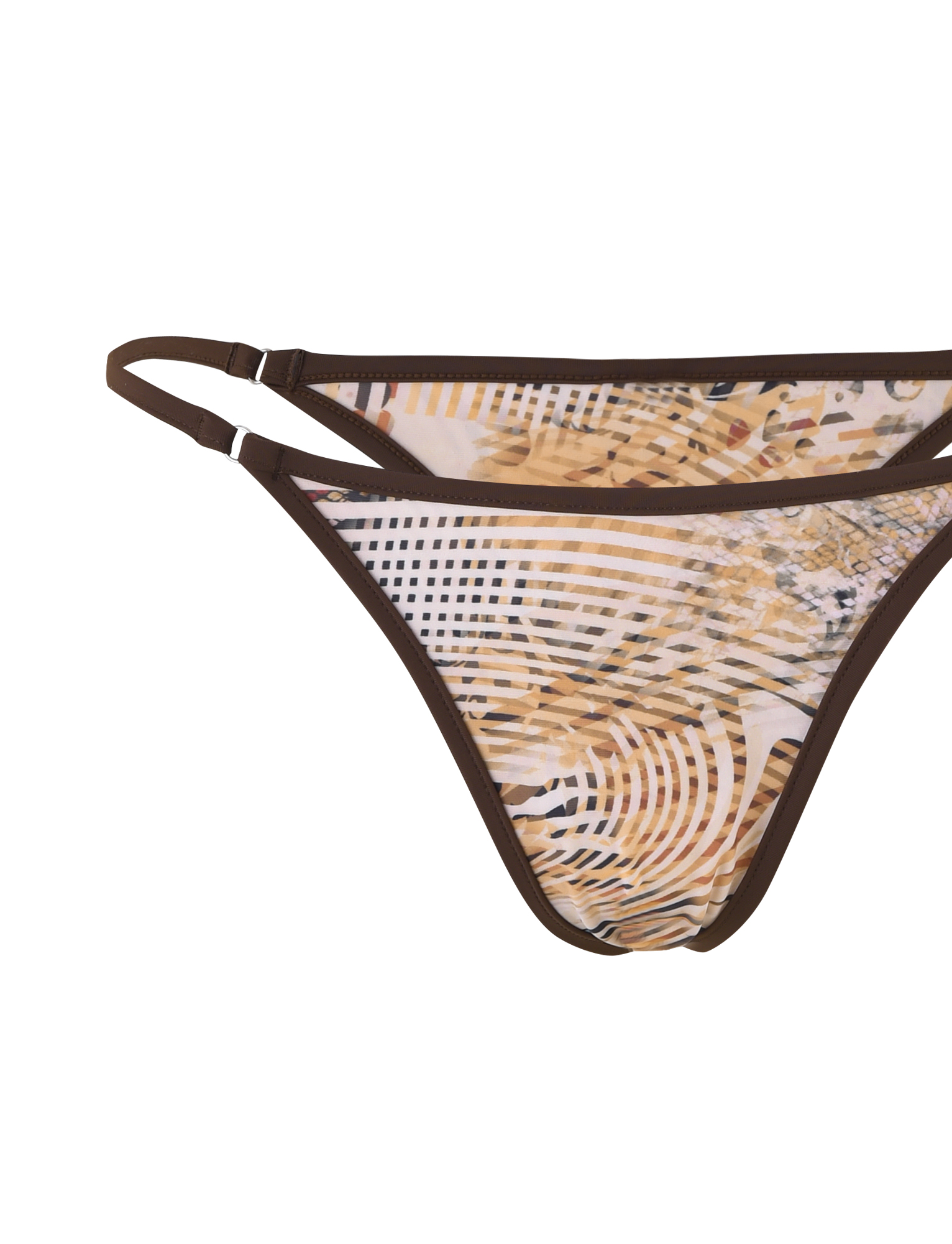 The DIANA BIKINI BOTTOM - NEUTRAL : ANIMAL MARBLE by TIGERMIST features adjustable side straps and a close-up view of its abstract beige, brown, and white animal print with brown trim.