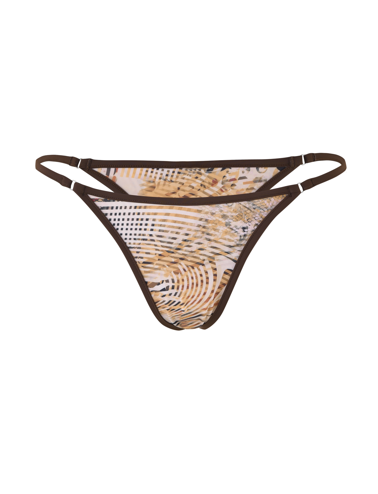 The TIGERMIST DIANA BIKINI BOTTOM - NEUTRAL : ANIMAL : ANIMAL MARBLE features a brown abstract animal print with swirls and dots, double side straps, and a low-rise cut, shown on a white background.