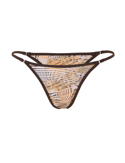 The TIGERMIST DIANA BIKINI BOTTOM - NEUTRAL : ANIMAL : ANIMAL MARBLE features a brown abstract animal print with swirls and dots, double side straps, and a low-rise cut, shown on a white background.