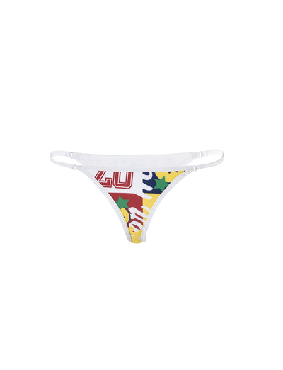 A pair of the DIANA BIKINI BOTTOM - MULTI : COLLAGE : GRAPHIC PRINT from TIGERMIST, featuring a vibrant patchwork design with various colors and patterns, including red, yellow, green, and blue elements. The bikini has thin side straps with adjustable clasps.