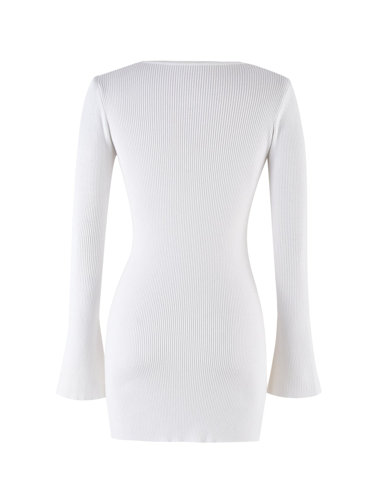 The DEVON CARDIGAN - WHITE by TIGERMIST is showcased against a plain white backdrop. This long-sleeved, form-fitting piece features a ribbed texture that adds a touch of subtle elegance to its simple design.