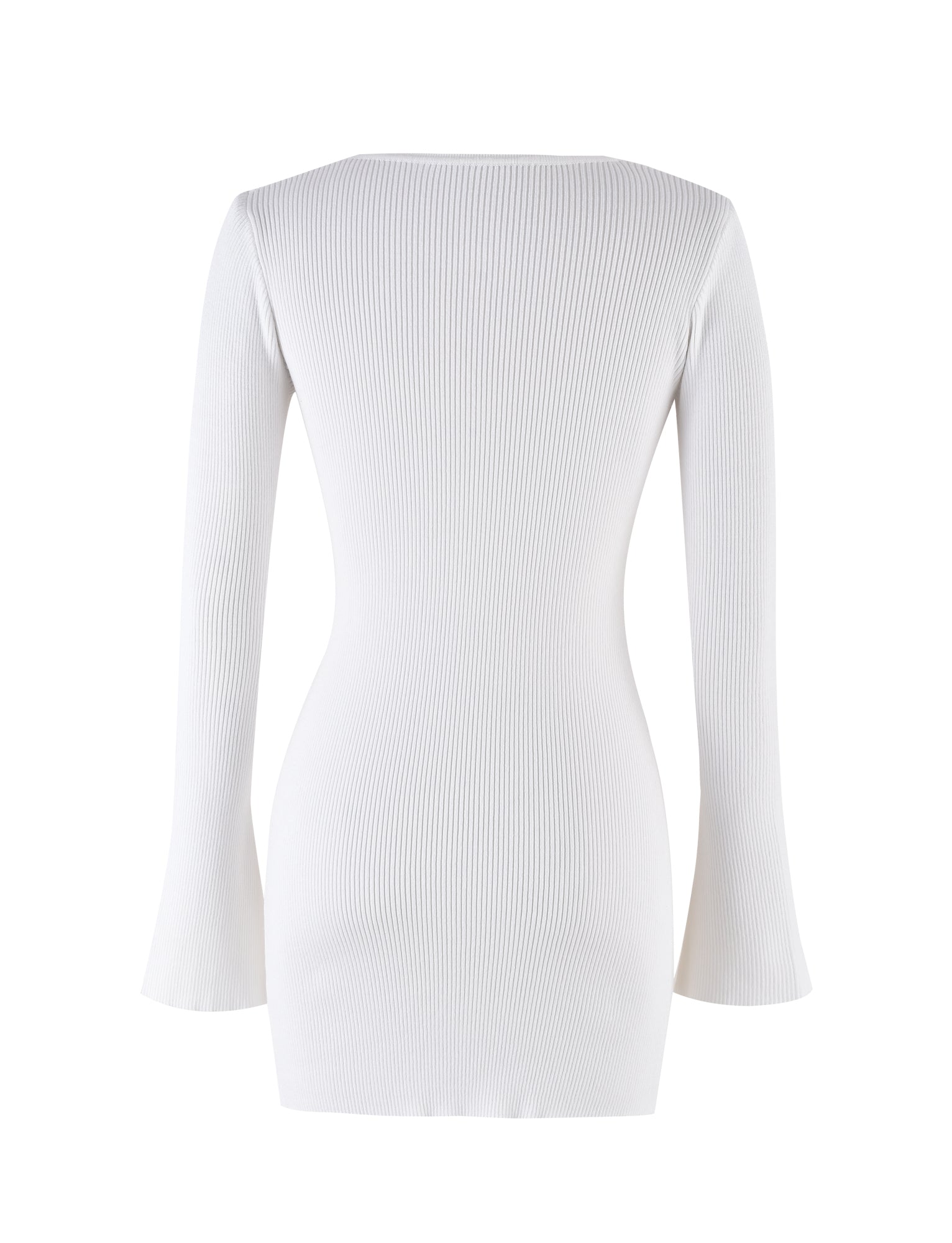 The DEVON CARDIGAN - WHITE by TIGERMIST is showcased against a plain white backdrop. This long-sleeved, form-fitting piece features a ribbed texture that adds a touch of subtle elegance to its simple design.