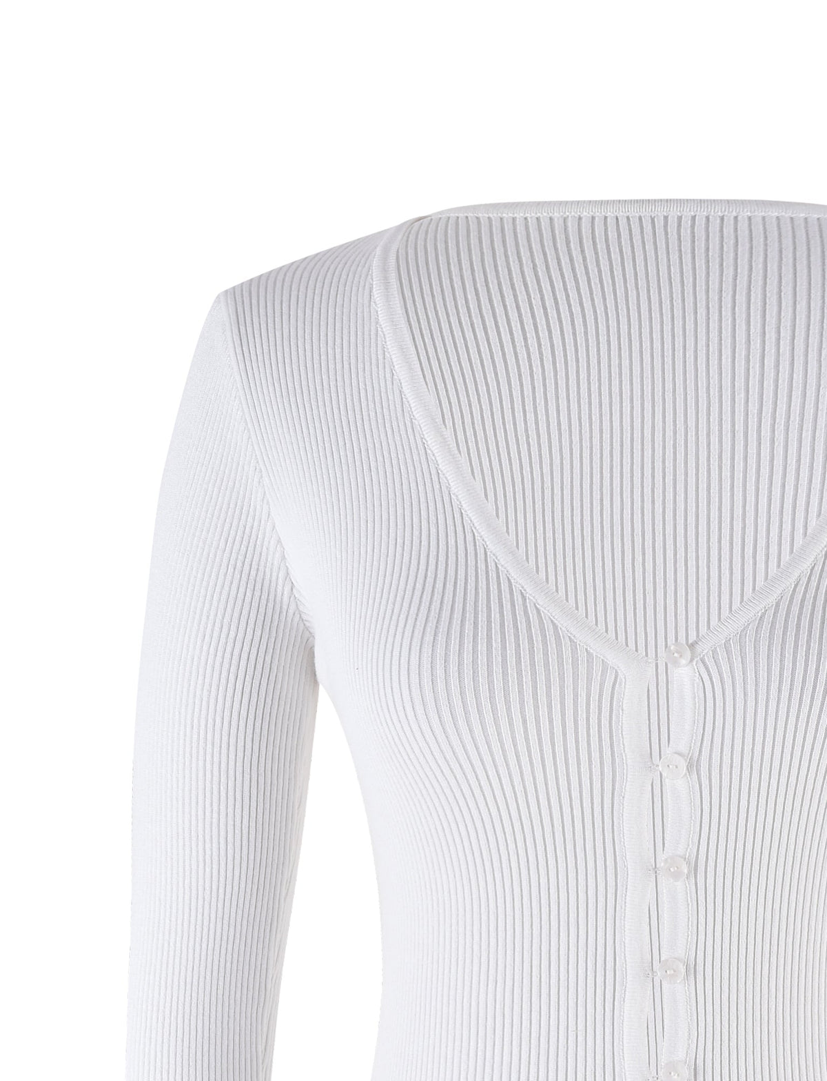 The image shows the upper back and shoulder area of a person wearing the DEVON CARDIGAN - WHITE from TIGERMIST. This ribbed cardigan features a v-shaped neckline at the back and a row of small white buttons running down the center.