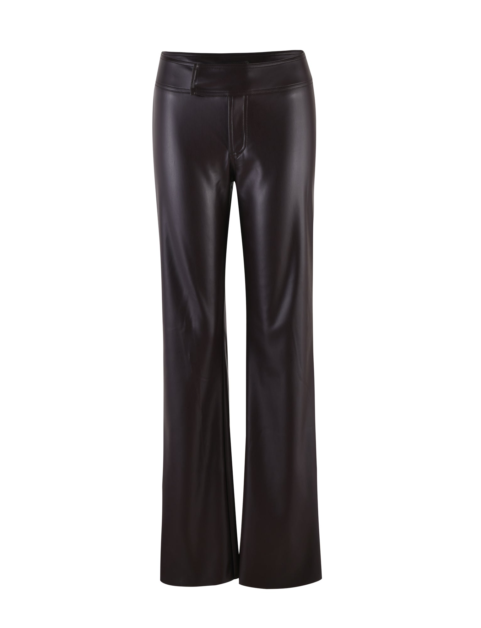 A pair of sleek, straight-cut brown leather pants from TIGERMIST feature a high waistband and seam detailing at the front. The ABBIE PANT has a slightly flared design and a shiny finish, creating a polished and stylish look.