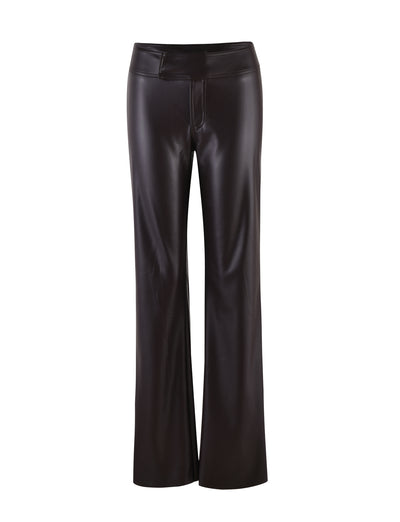A pair of sleek, straight-cut brown leather pants from TIGERMIST feature a high waistband and seam detailing at the front. The ABBIE PANT has a slightly flared design and a shiny finish, creating a polished and stylish look.