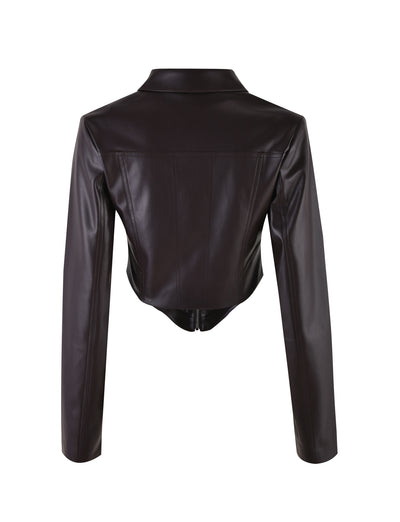The ABBIE JACKET - BROWN by TIGERMIST is displayed from the back, showcasing its dark brown, sleek-finish leather. The design features long sleeves, a pointed collar, and a structured silhouette. The hemline is cut into a slight V shape at the back, giving it a stylish and modern touch.