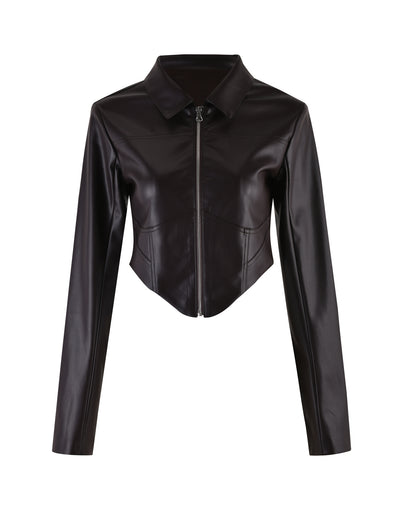 The ABBIE JACKET from TIGERMIST is a sleek, brown, faux leather jacket featuring long sleeves, a front zipper, and a pointed collar. It has a fitted waist and a slightly cropped length, giving it a modern, edgy look.