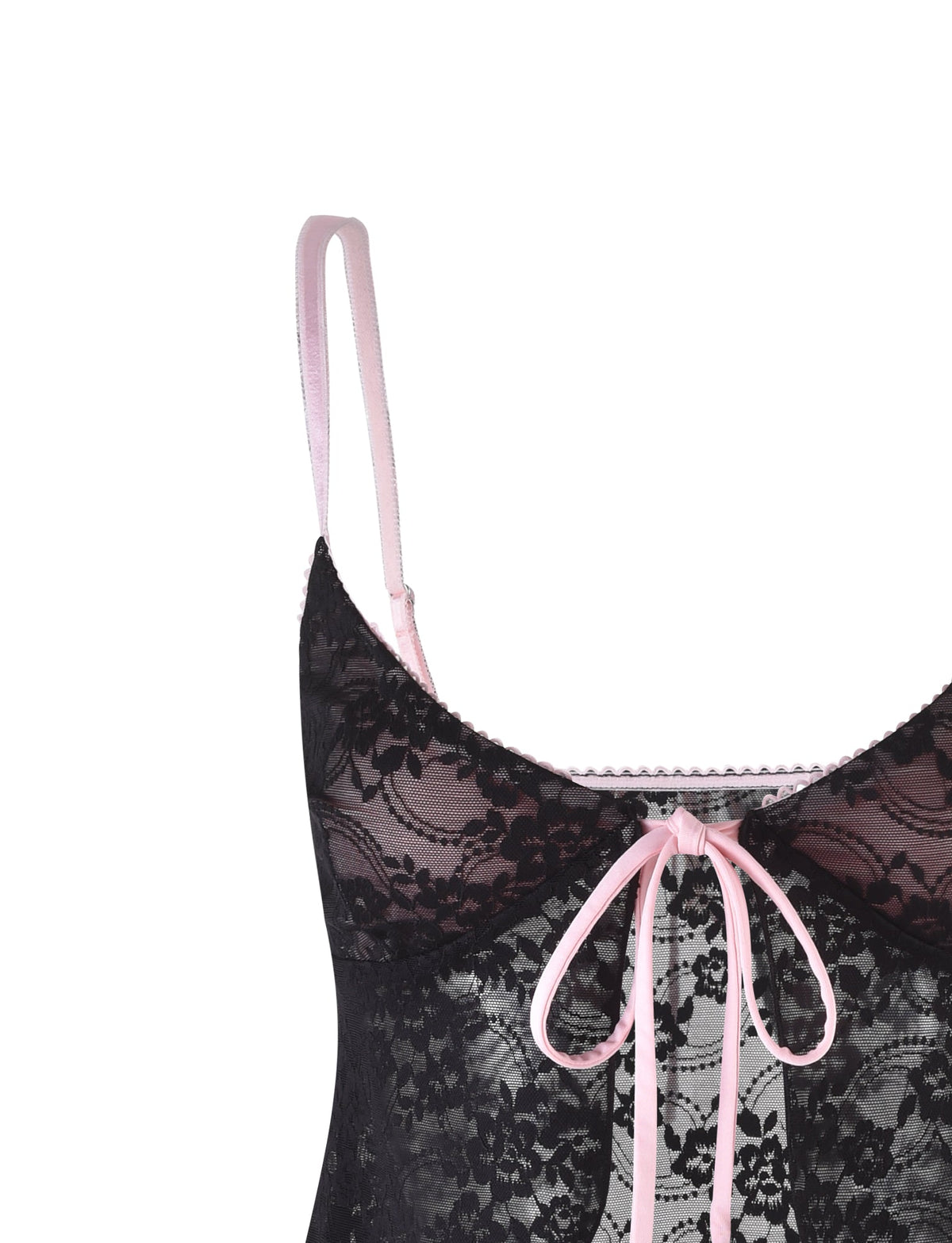 A close-up of the TIGERMIST MELANIE TOP - BLACK lace lingerie piece showcases its sheer material and intricate floral patterns, complemented by delicate pink satin straps and a charming pink ribbon bow at the center.
