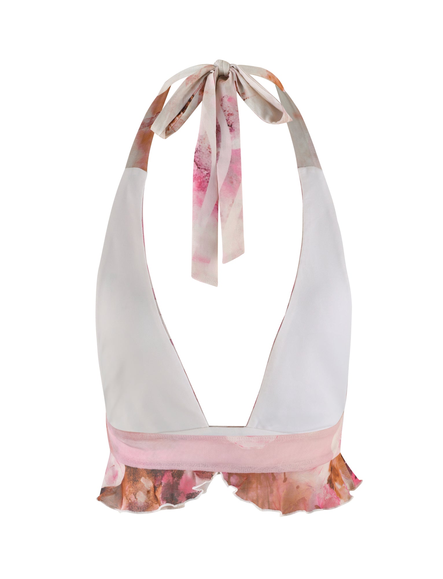 Introducing the TIGERMIST Macey Top in Multi Floral: a halter-style bikini top showcasing a white base adorned with pastel pink and brown watercolor-like floral patterns and charming ruffles along the edges. This stylish piece ties behind the neck with a wide strap that features the same delicate pastel design.