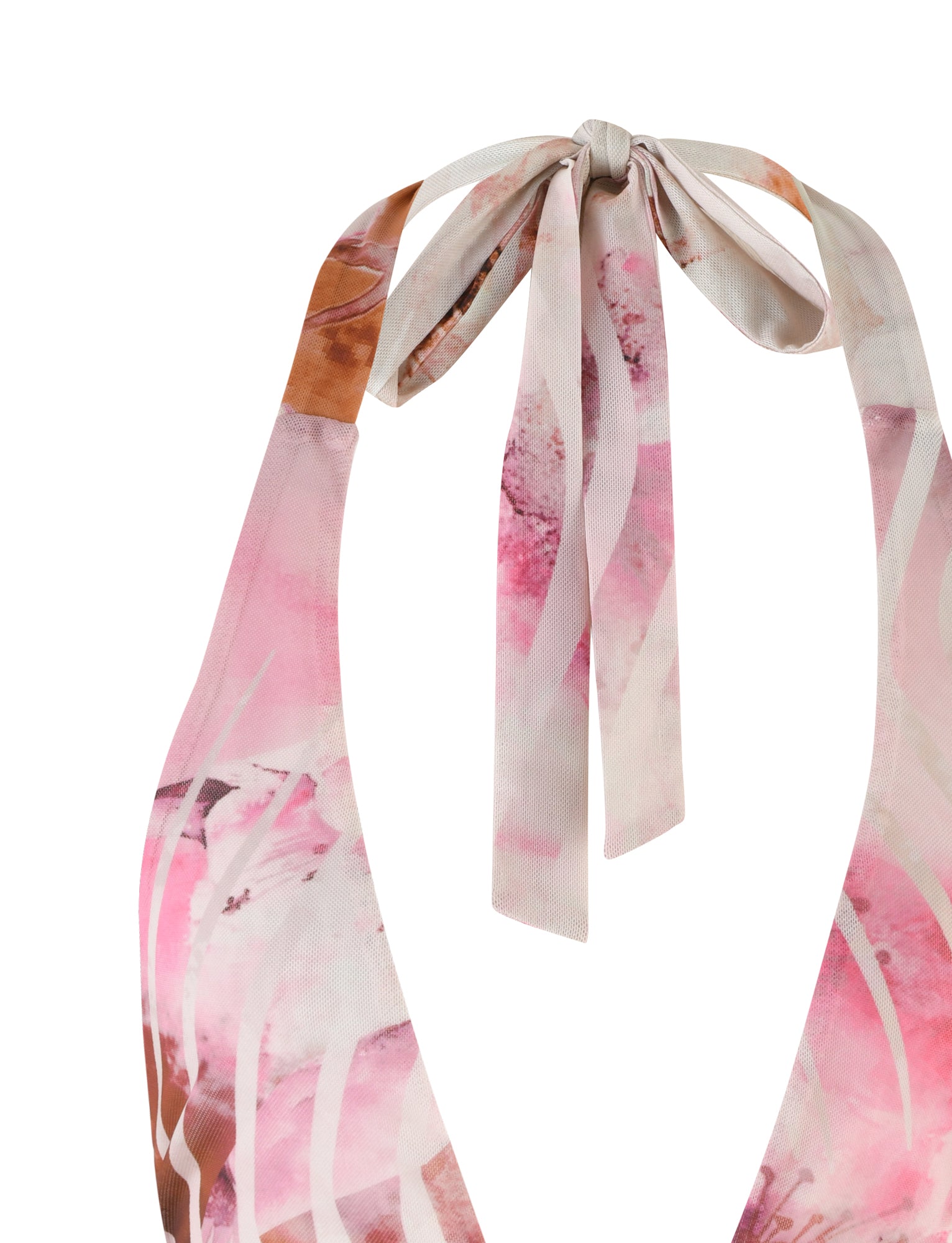 Close-up of the upper part of the TIGERMIST MACEY TOP - MULTI: FLORAL, featuring a fabric tie at the neck. The fabric showcases a colorful, abstract design with shades of pink, white, and brown. The knot is visible at the top, with two fabric ends hanging down.