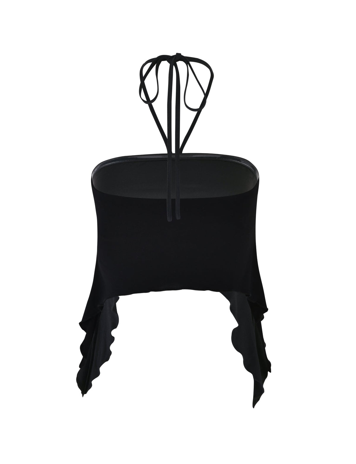Introducing the INDIA TOP - BLACK from TIGERMIST, a chic black strapless halter top with a tie closure around the neck. This elegant top features a high-low hemline and ruffled edges on both sides, creating a stunning asymmetrical look. The back view showcases the tied straps cascading down gracefully.