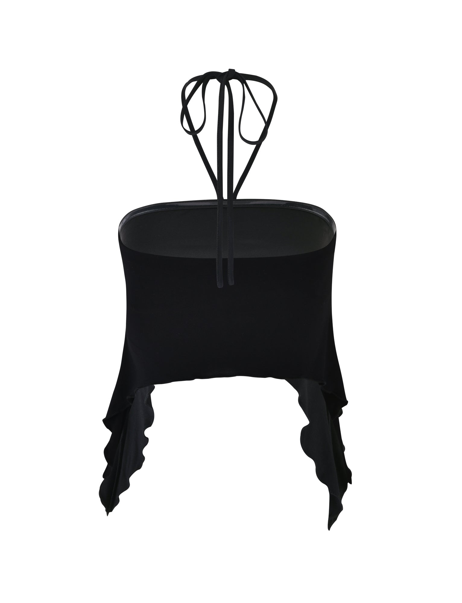 Introducing the INDIA TOP - BLACK from TIGERMIST, a chic black strapless halter top with a tie closure around the neck. This elegant top features a high-low hemline and ruffled edges on both sides, creating a stunning asymmetrical look. The back view showcases the tied straps cascading down gracefully.