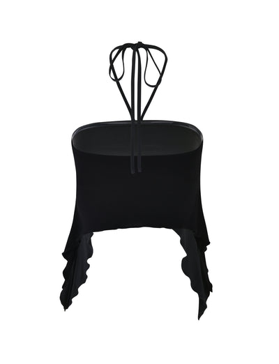 Introducing the INDIA TOP - BLACK from TIGERMIST, a chic black strapless halter top with a tie closure around the neck. This elegant top features a high-low hemline and ruffled edges on both sides, creating a stunning asymmetrical look. The back view showcases the tied straps cascading down gracefully.