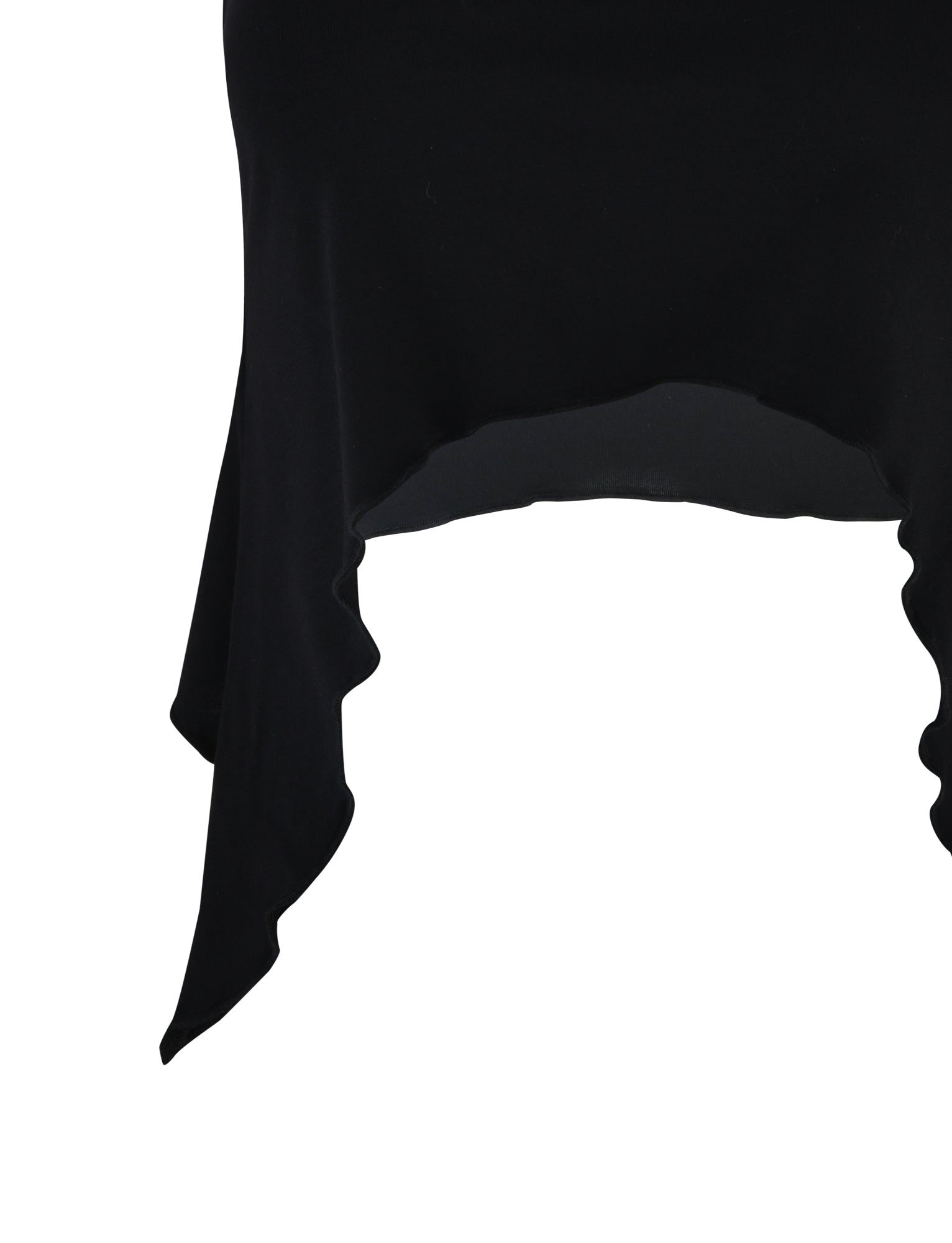 Introducing the INDIA TOP - BLACK from TIGERMIST. This top features an asymmetrical hem that drapes down unevenly, with longer wavy sections on the sides and a shorter central part. The material is soft and lightweight, offering both comfort and style.