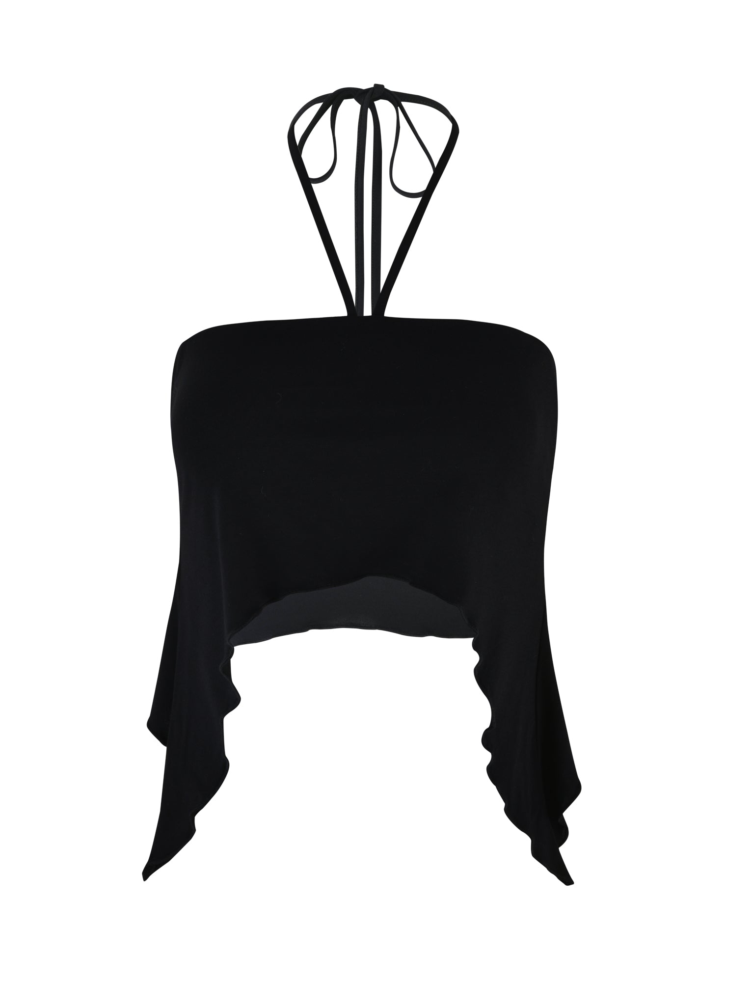 The INDIA TOP - BLACK from TIGERMIST is a halter top with a strap that ties at the neck. It features an asymmetrical hem with longer draped sides, giving it a flowing appearance. The fabric is solid black and looks lightweight.