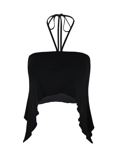 The INDIA TOP - BLACK from TIGERMIST is a halter top with a strap that ties at the neck. It features an asymmetrical hem with longer draped sides, giving it a flowing appearance. The fabric is solid black and looks lightweight.