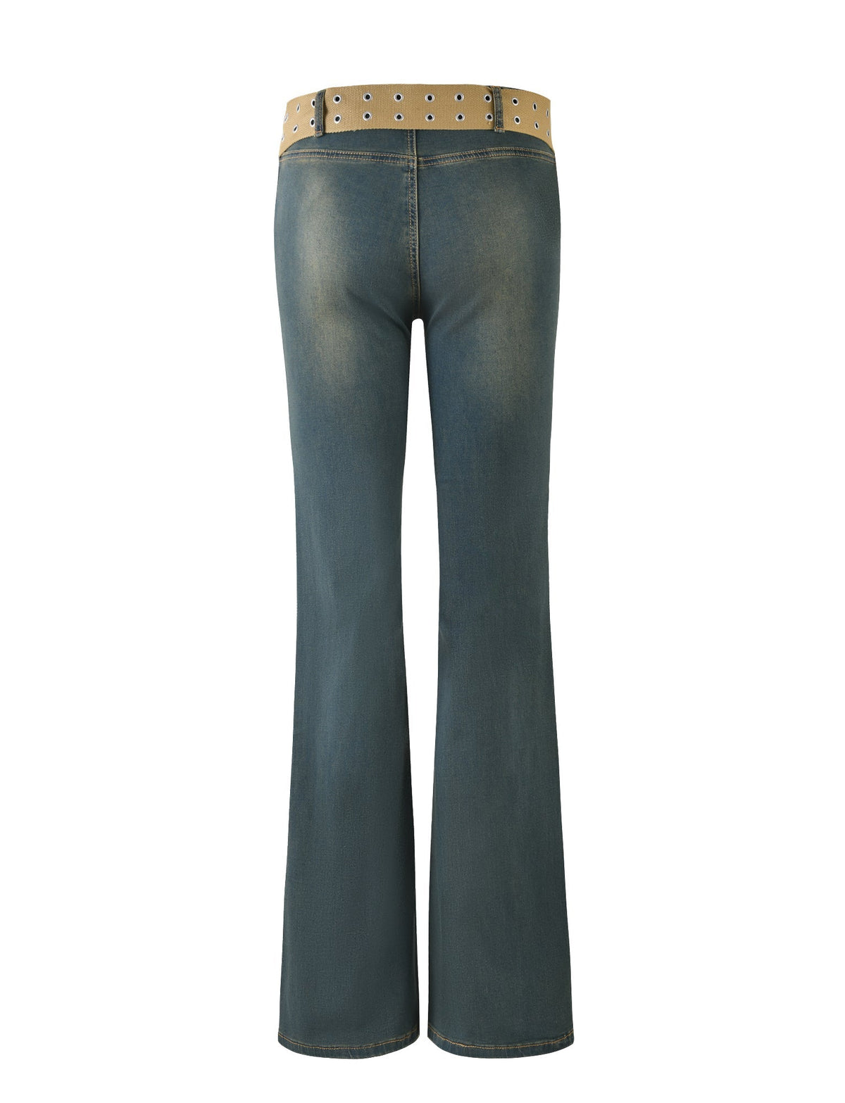 A pair of "ISABEL JEAN - BLUE: DENIM BLUE" from TIGERMIST, featuring a slight flare at the bottom and a faded finish. The jeans are displayed from the back, showcasing a beige belt with metal eyelets, as well as visible belt loops and back pockets.