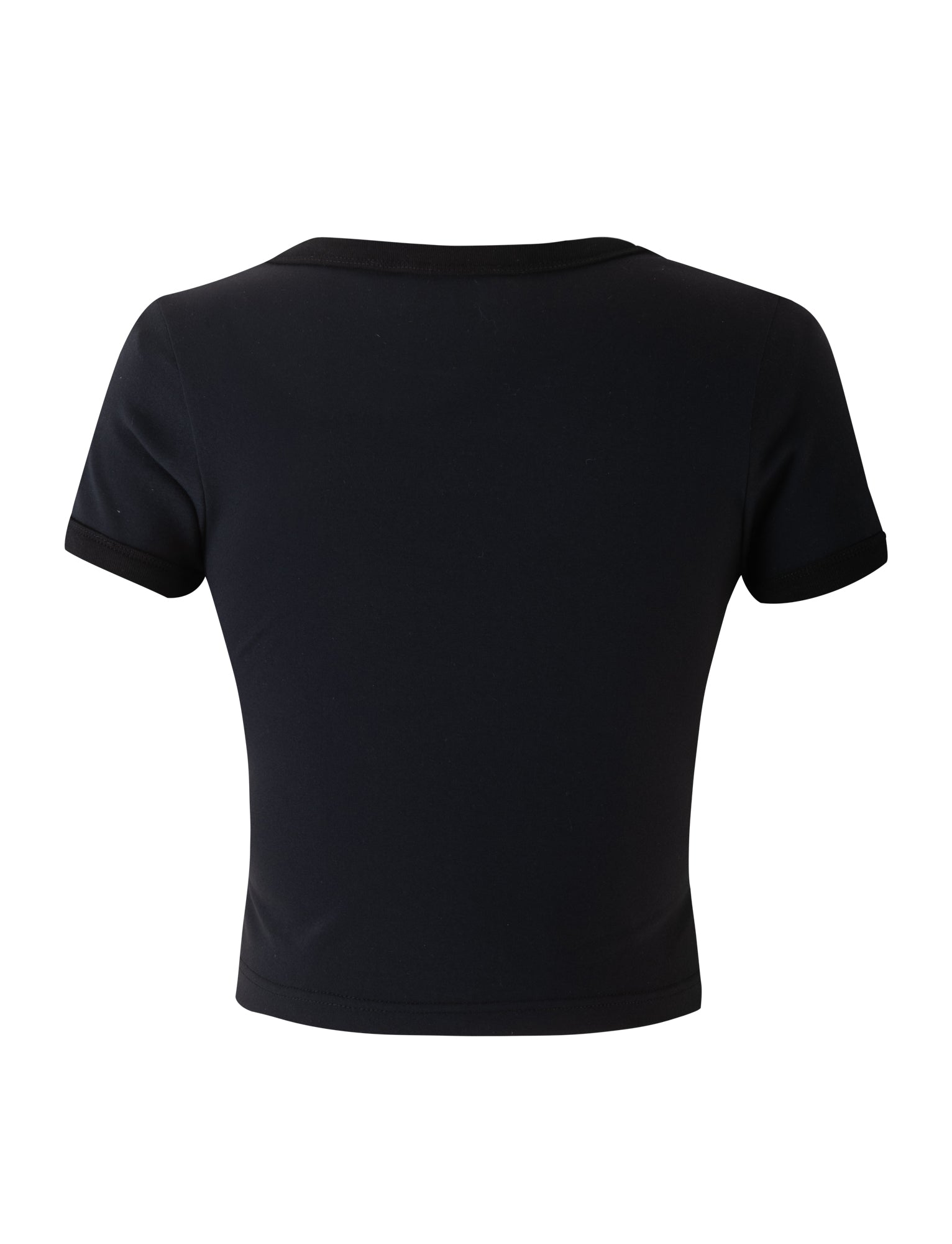 Back view of the BILLIE TEE - BLACK by TIGERMIST. This black short-sleeved crop top features a crew neckline and a fitted silhouette, crafted from plain fabric with no visible designs or logos. The sleeves and hem are neatly hemmed.