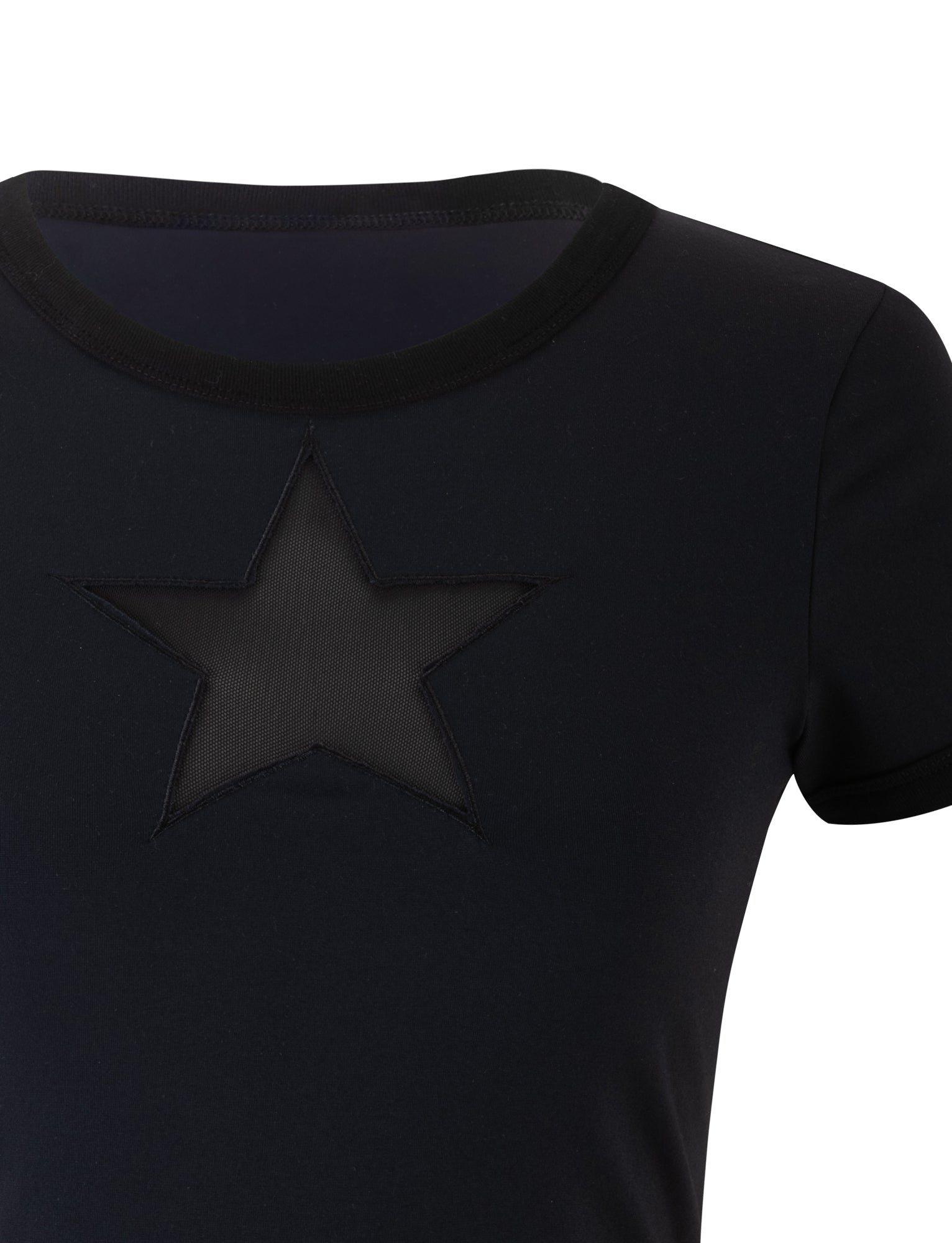 A close-up of the TIGERMIST BILLIE TEE - BLACK, featuring a semi-sheer star-shaped mesh insert at the center of the chest. The t-shirt has a round neckline with black trim, and the image focuses on its upper portion.