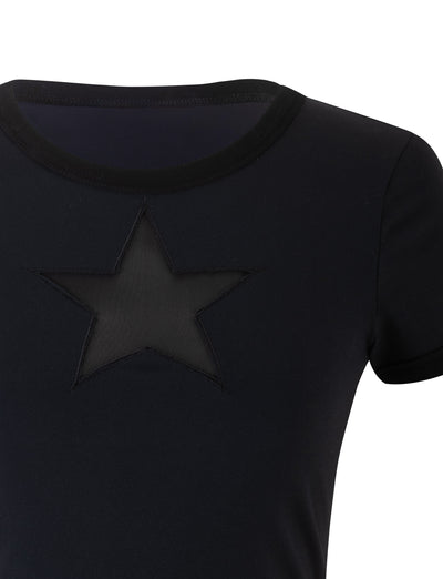 A close-up of the TIGERMIST BILLIE TEE - BLACK, featuring a semi-sheer star-shaped mesh insert at the center of the chest. The t-shirt has a round neckline with black trim, and the image focuses on its upper portion.