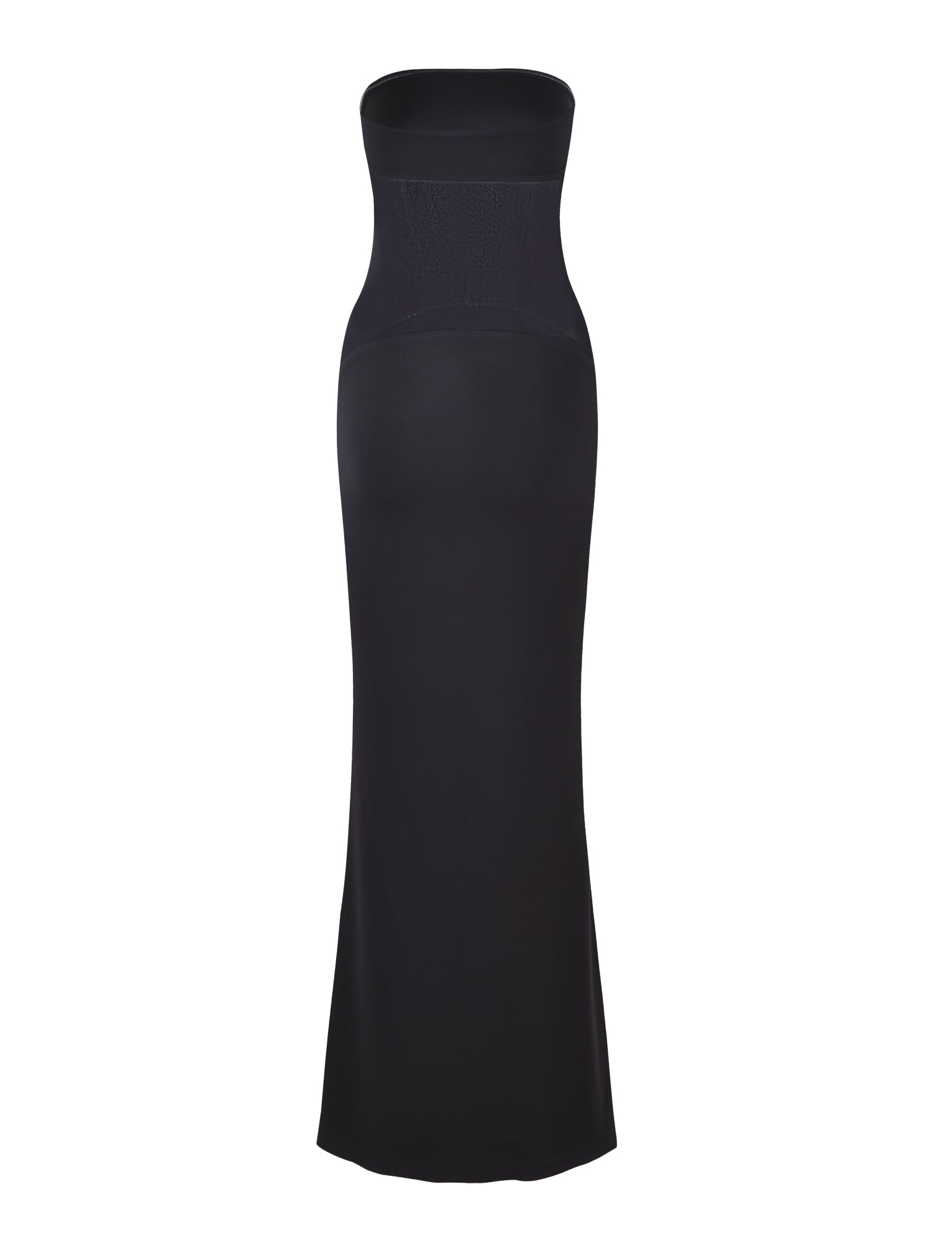 A long, strapless black dress from TIGERMIST named the MORGAN DRESS - BLACK adorns a form-fitting silhouette. The upper section displays a texture pattern around the midsection, offering slight contrast to the smooth fabric of the rest of the dress.