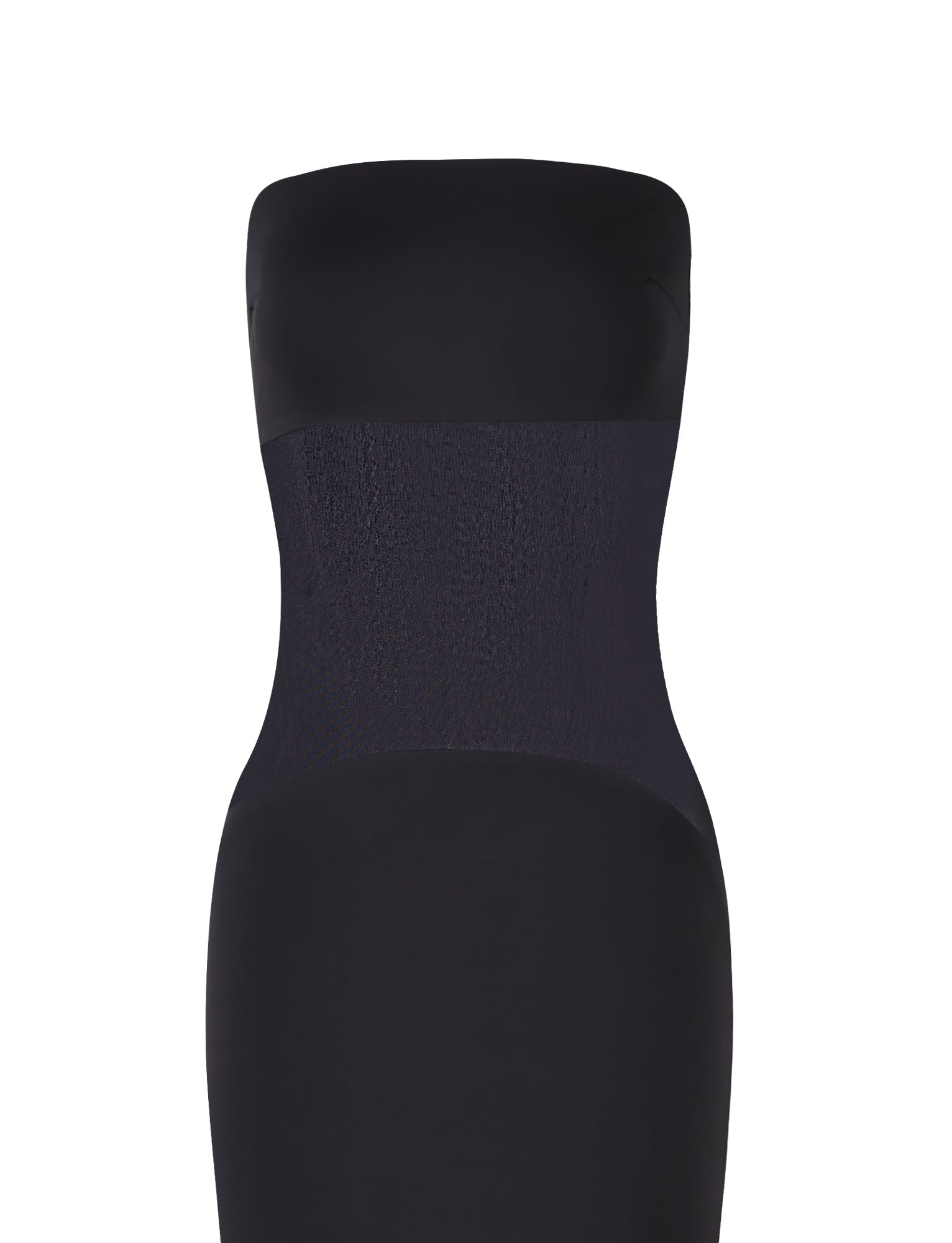 The MORGAN DRESS - BLACK by TIGERMIST is a sleek, strapless dress with a fitted silhouette. This elegant piece features a slightly textured midsection, adding a subtle design element to the otherwise smooth fabric. The image showcases the dress against a plain white background.