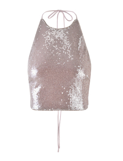Introducing the ASTRAEA TOP in rose gold sequin from TIGERMIST. This sleeveless halter top features a high neckline with a tie closure at the back of the neck and another tie at the lower back. The sequins create a stunning, shiny, and reflective surface.