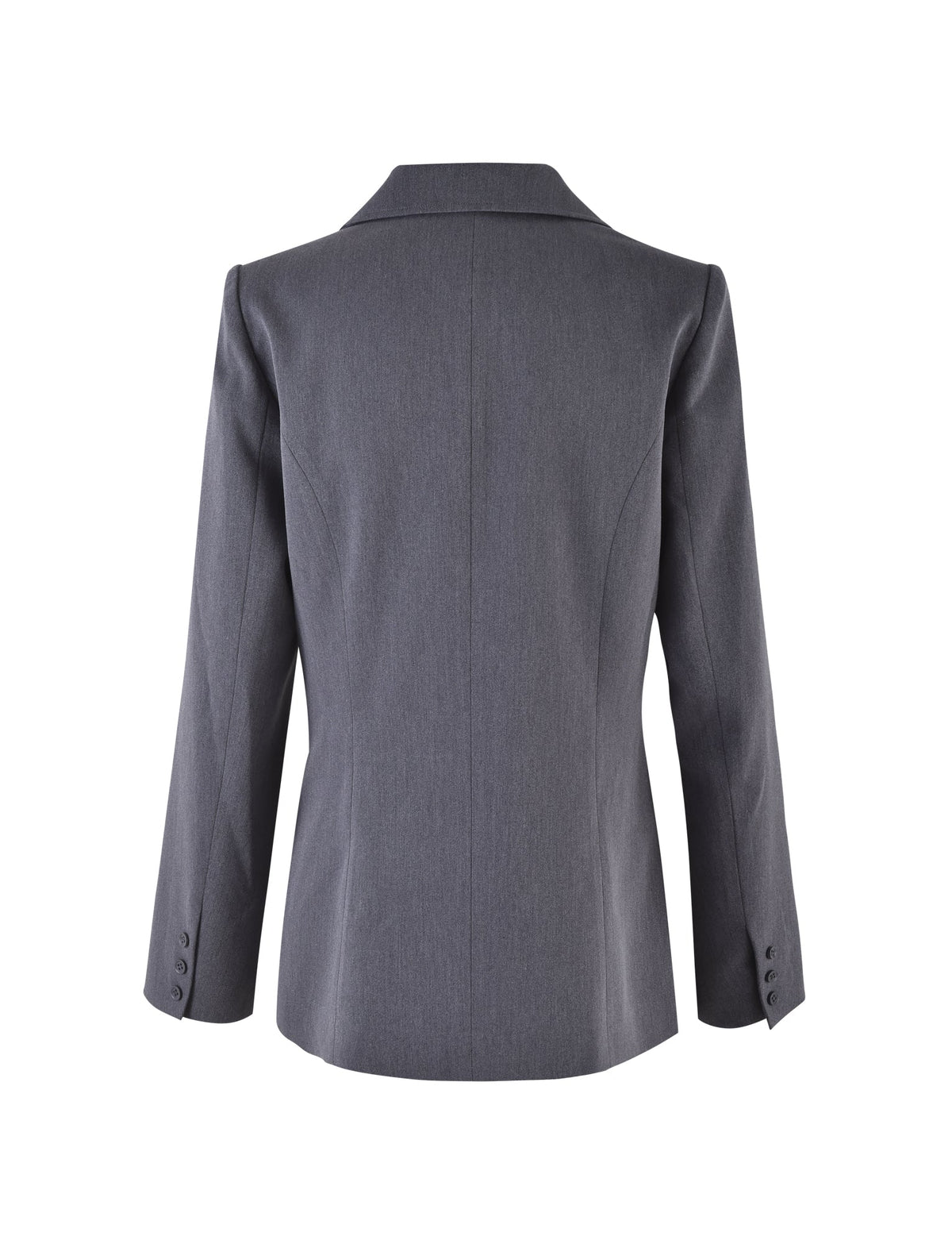 A back view of the NADINE JACKET - GREY : SLATE by TIGERMIST. The gray, tailored women's blazer features a sharp collar, seam detailing down the center and sides, and buttoned cuffs on the long sleeves. The fabric has a smooth, slight sheen, giving it a polished look.