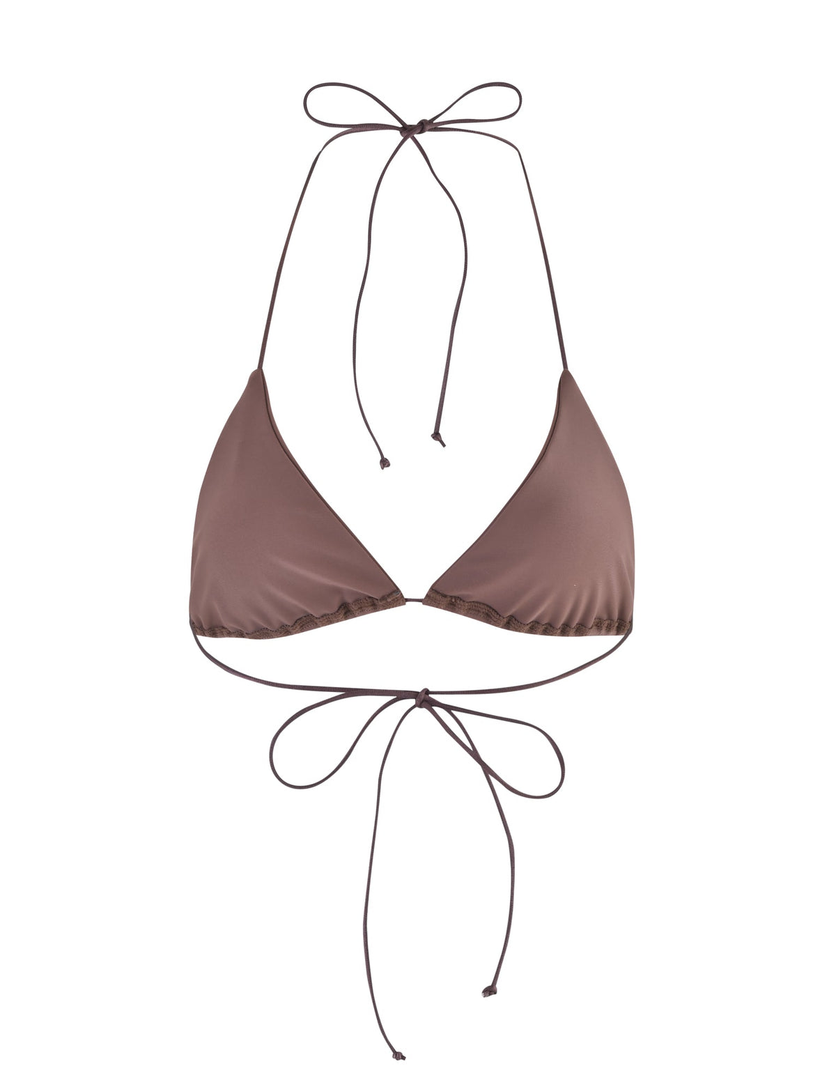 Image of the KRYZE Bikini Top - Brown : Chocolate from TIGERMIST. This brown triangle bikini top features thin straps, a halter neck tie, and a back tie for a customizable fit. The material has a smooth and slightly glossy appearance.