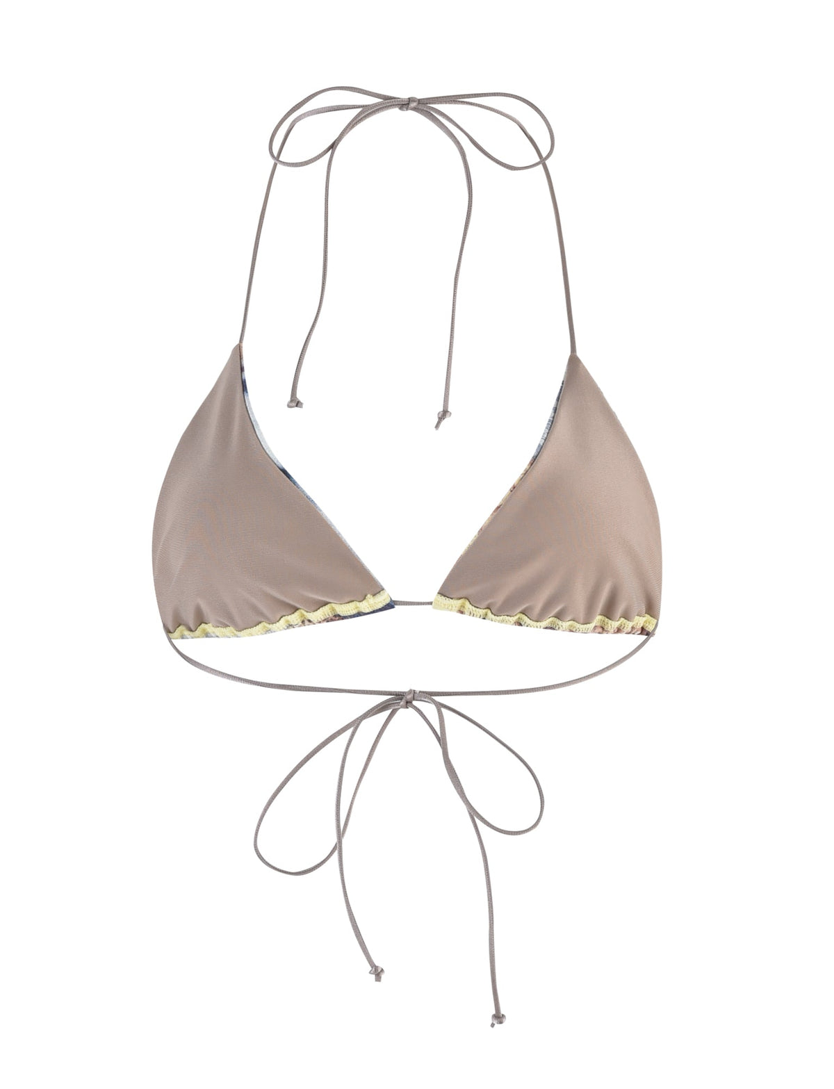 The KRYZE Bikini Top - Multi: Tie Dye: Paisley Tie Dye from TIGERMIST features a taupe triangle design with thin halter neck and back ties. Light yellow ruffles trim the bottom edges of the cups, adding an elegant decorative touch to the otherwise minimalist top.